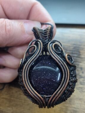 Handcrafted Copper Wire Wrapped Purple Goldstone Pendant Necklace